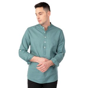Ανδρικό πουκάμισο Rebase 241-RGS-582 Half Button Placket Linen Mao Collar Long Sleeve TEAL S/S24